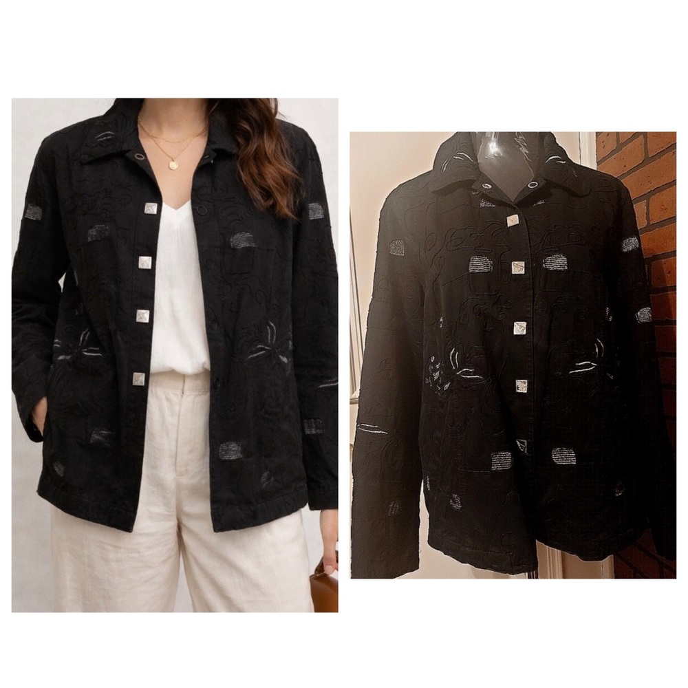 Black Embroidered Cotton Jacket Size 14 Classic Textured Tailored